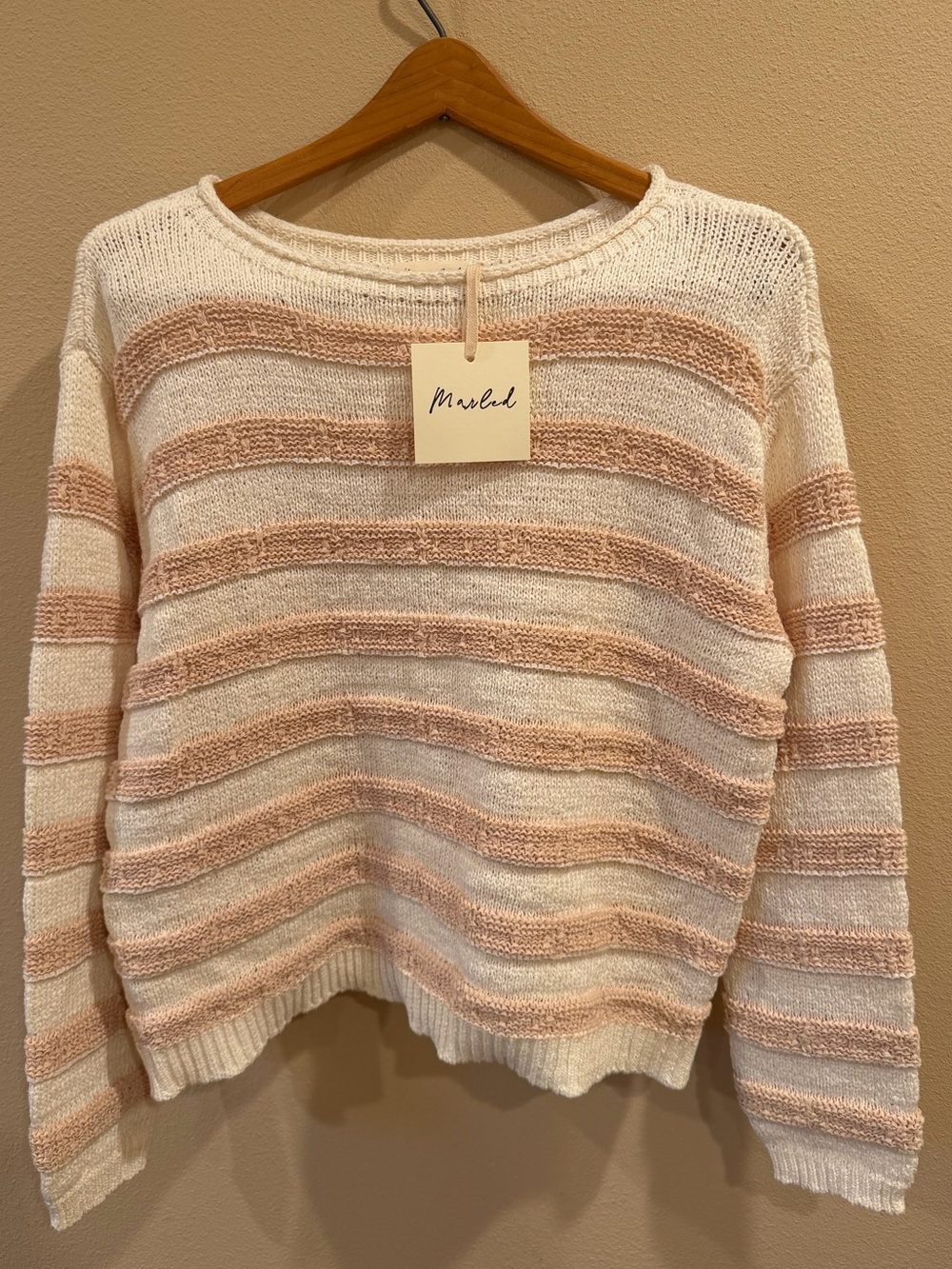 Marled Cream Blush Pink Textured Stripe Knit Sweater Size M NWT
